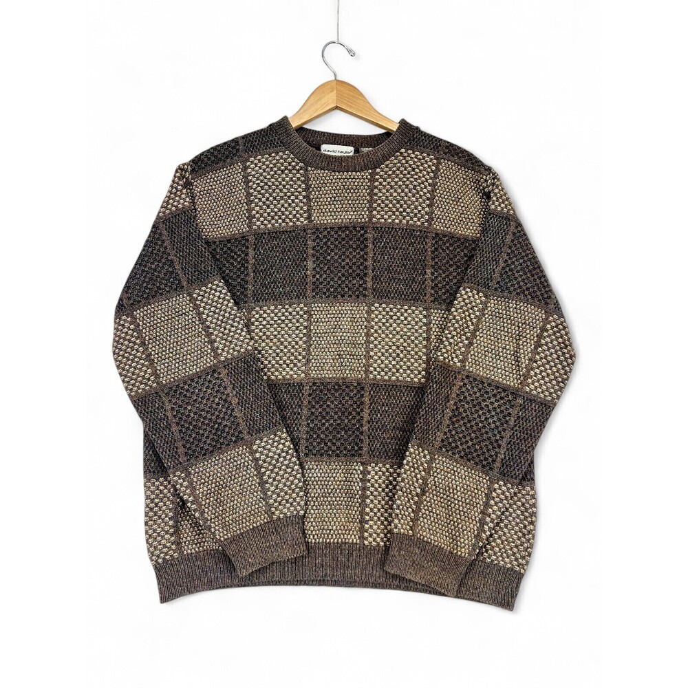 David Taylor Men's Textured Check Crewneck Sweater Large Brown